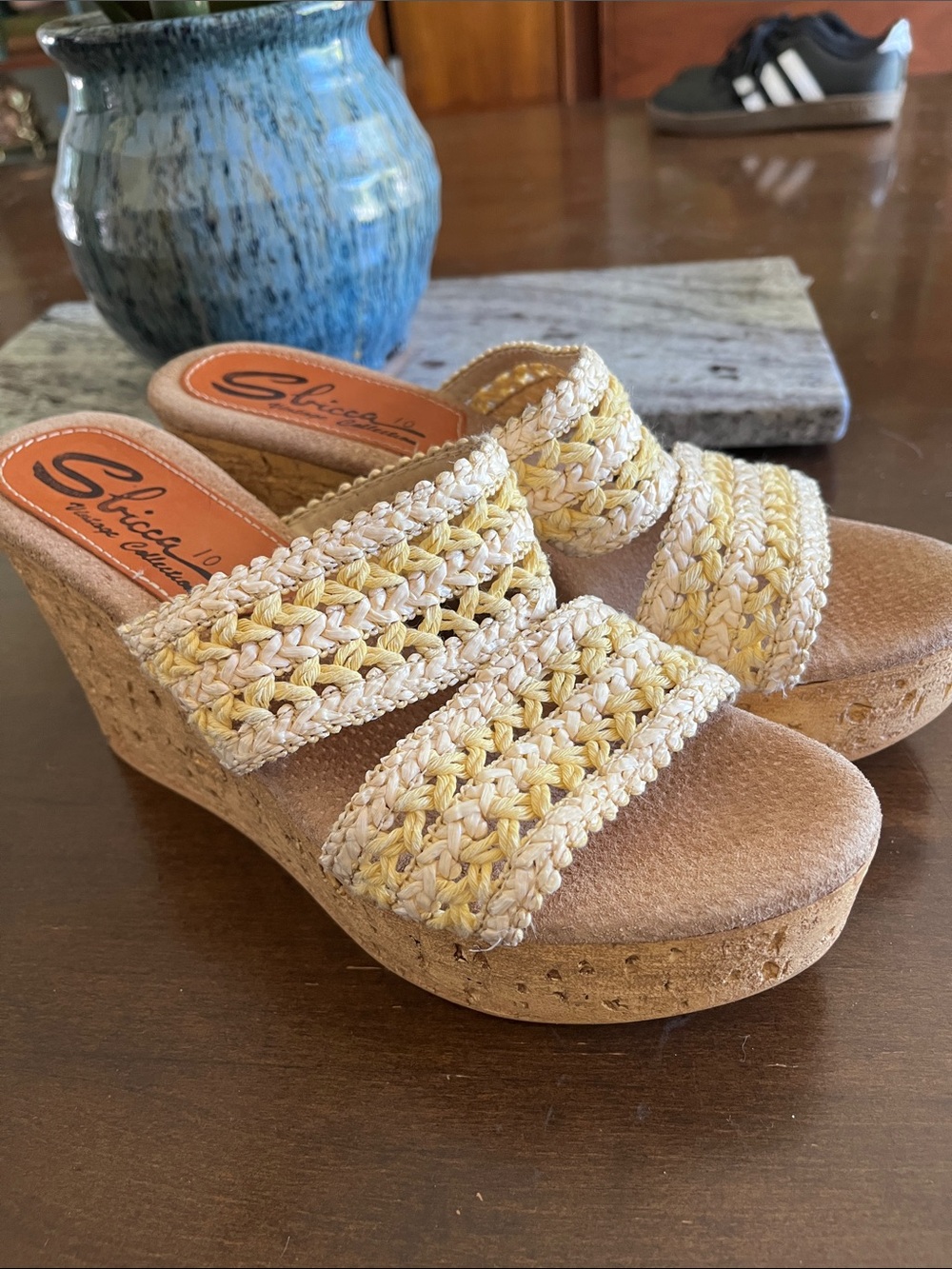 Sbicca Yellow Cream Braided Cork Wedge Sandals